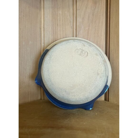 Vintage Ugly Face Signed Trinket Dish Ashtray Pottery Dish Blue Beige Glaze Uniq - Picture 3 of 5